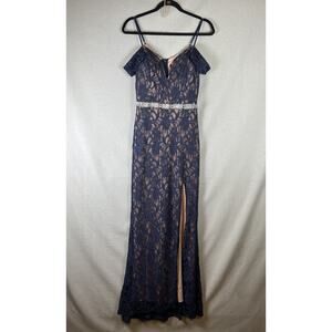 VTG City Triangles Dress Blue Y2K Empire Waist Lace Maxi Gown Size 7 Side Slit